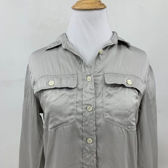 J.Crew Silk Shirt Womens 0 Silver 2011 Blythe Long Sleeve Button Front Pockets - Picture 3 of 11